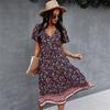 Women Bohemian Print Dress Spring Summer Short Sleeve V Neck High Waist S-XL