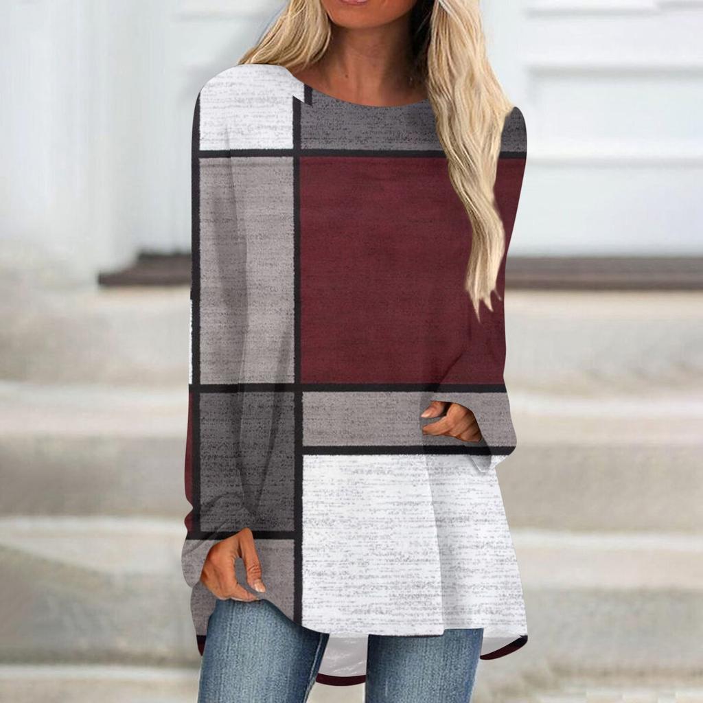 Women's Fashion Casual T-shirt Printing Long Sleeve Round-neck Medium Long Top