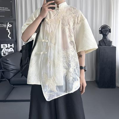 2025 Мужские рубашки с воротником-стойкой из жаккарда, мужские рубашки с вышивкой, мужские кружевные рубашки с длинными рукавами, весенние мужские однотонные сексуальные топы 2025 года