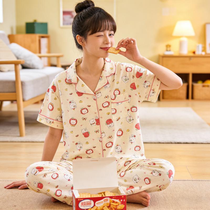 Imitation cotton cardigan pajamas women's summer short-sleeved trousers pastoral cartoon little yellow duck loose and comfortable loungewear