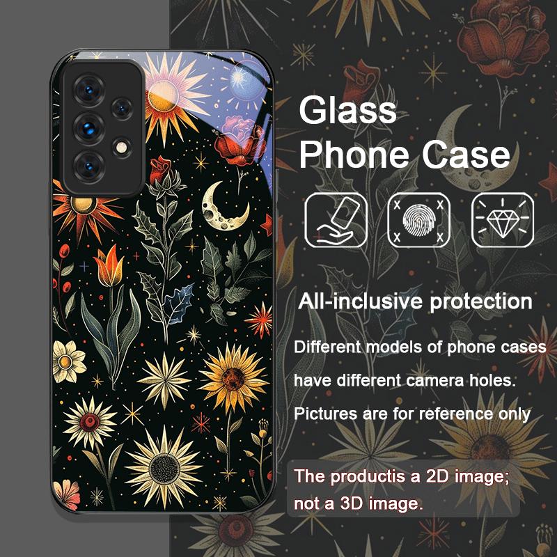 Эстетичный чехол из закаленного стекла с рисунком подсолнухов и луны для Samsung Galaxy A56 A55 A54 A53 A52 A36 A16 A14 Цветочный чехол