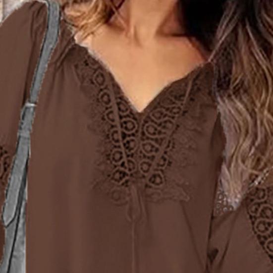Women Tops V-Neck Embroidery Lace Trim Lace-up Long Sleeve Pullover Tops Solid Color Loose Fit Casual Style Shirt
