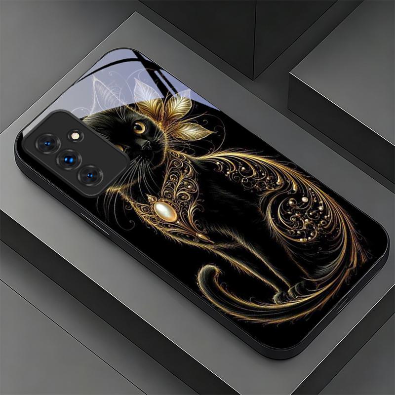 Роскошный Чехол для Телефона Черный с Кошкой и Стразами для Samsung A32 A33 A34 A35 A36 A37 A51 52 52s A53 A54 A55 A56 A57 A71 A72 A73 Стеклянная Крышка