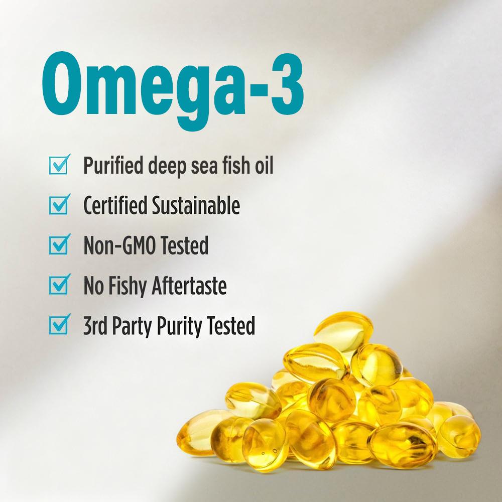 Pure, high-concentration Omega-3 fish oil, beneficial for heart, brain, and immune system health, 120 capsules.