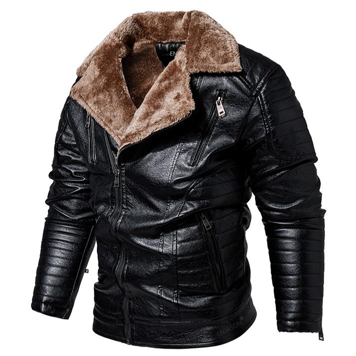 Зимняя мужская кожаная куртка с лацканами и бархатной мотоциклетной курткой из искусственной кожи для мужчин