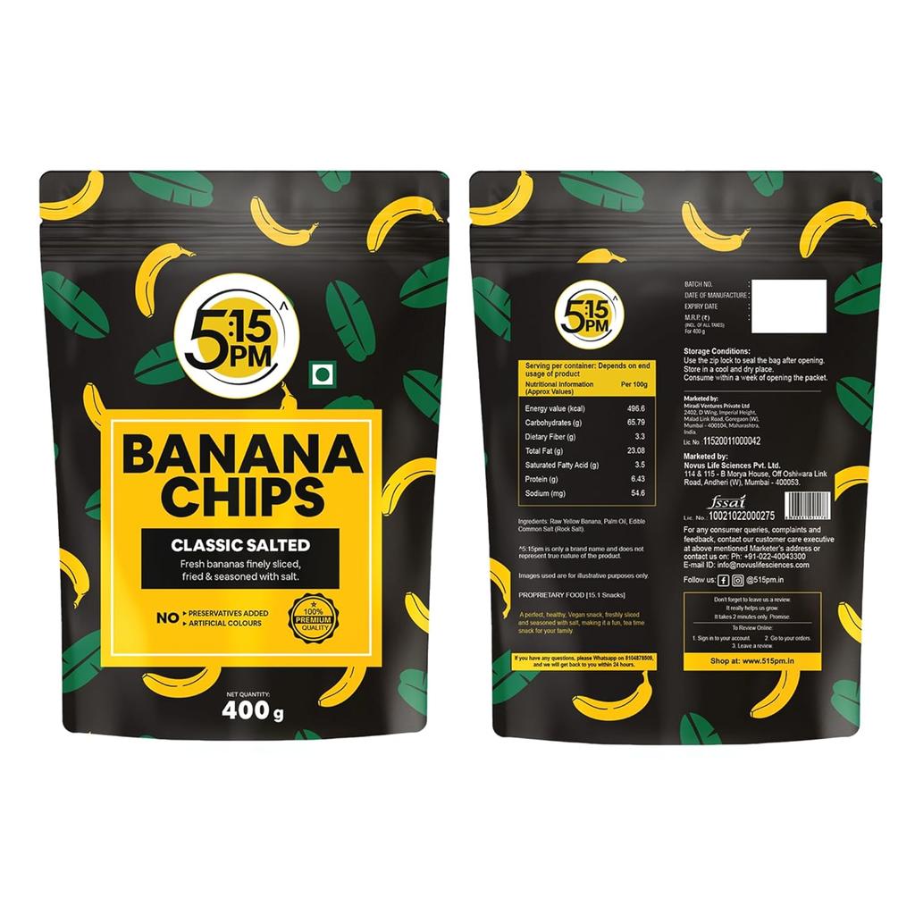 5:15PM Kerala Banana Chips 400gm X Packet Pack of 2 | Crispy Yellow Wafers Snacks Classic Salted Flavour
