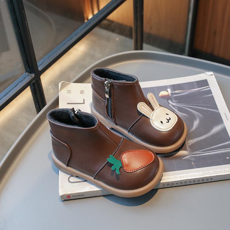 Детские зимние сапоги, милые сапоги для девочек с кроликом, зимние модные детские повседневные теплые хлопковые сапоги по щиколотку с нескользящей боковой молнией