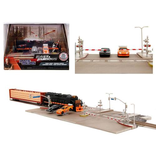 JADA TOYS Nano Scene Fast & Furious Race Scene Railroad Crossing Diorama with Dodge Charger/Toyota Supra Diecast Car Set