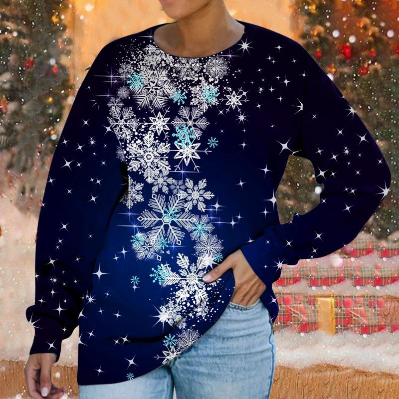 Толстовка с круглым вырезом Рождественская снежинка цифровой принт повседневная весна осень свободная женская толстовка Пуловеры и длинные рукава (Женский)