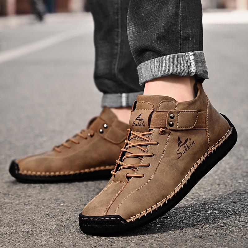 New 2025 Handmade Leather Men Boots Man Breathable Casual Leather Shoes Design Sneakers Men Ankle Boots Breathable Outdoor Boats