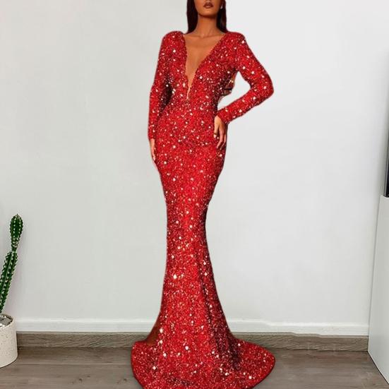 Women Evening Dress Sequin Deep V Neck Long Sleeves Slim Fit Fishtail Hem Sequin Floor Length