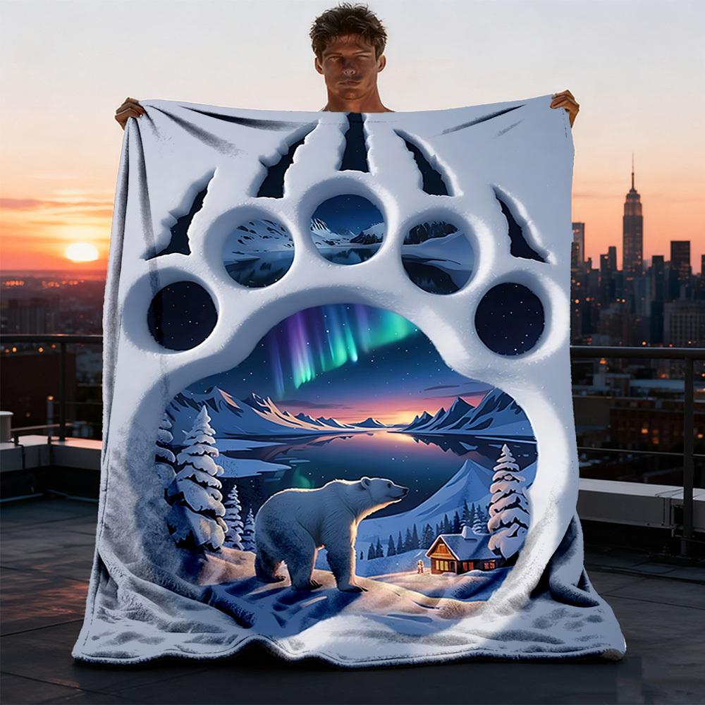 1pc Polar Bear Footprint Throw Blanket Polyester Fiber, Lightweight Flannel, Soft & Warm, All Season Use for Outdoor, Camping Digital Print