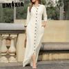Women's Temperament Elegant Fashion Unisex Style Long Sleeve POLO Neck Cardigan Solid Colour Long Cotton Linen Dress