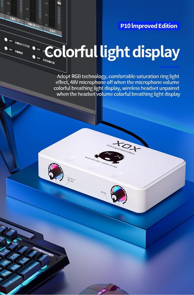 XOX P10 USB Audio Interface for Recording with Software Panel for and Independent Volume LED USB Audio 48V Phantom Power Studio-Quality Streaming,