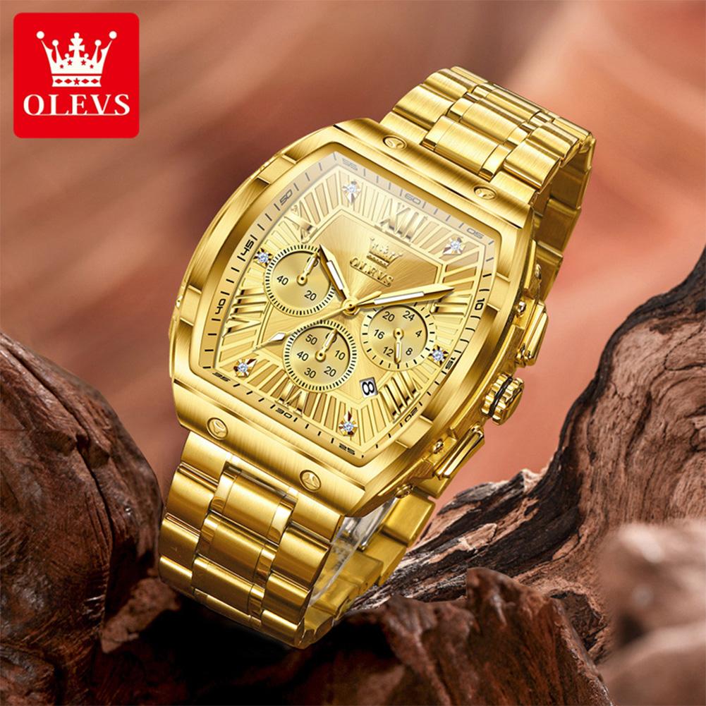 OLEVS Tonneau Watch Men Luminous Waterproof Date Stainless Steel Chronograph Quartz Watches for Men