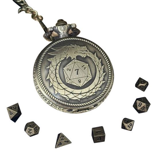 Мини-набор игральных костей DND, чехол для карманных часов с гравировкой дракона и 7 многогранными металлическими игральными костями DND, набор игральных костей в стиле ретро для настольных игр