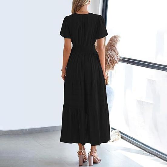 Женское летнее платье макси, повседневное платье с V-образным вырезом, коротким рукавом, многослойное струящееся платье, присборенная талия, плиссированное длинное платье