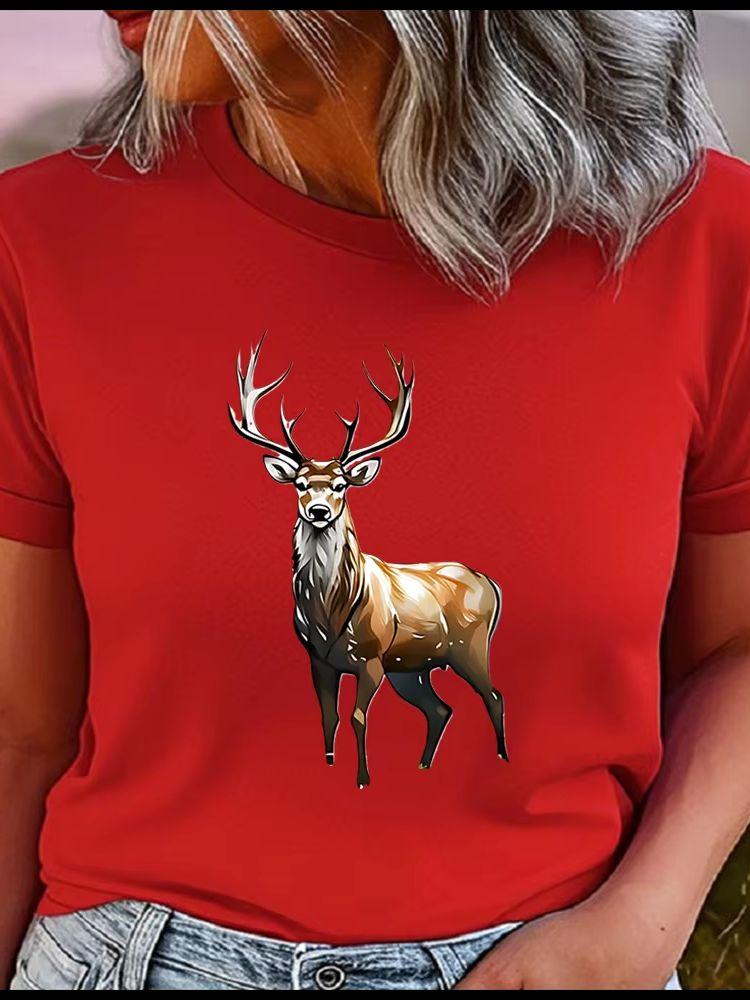 Unisex Polyester Summer Top with Stag Print Loose round Neck Short Sleeve Fashion for Astrology Lovers