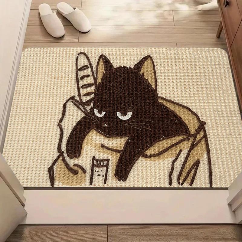 Cute Cartoon Lazy Black Cat Doormat, Non-slip Dirt Trapping Entrance Floor Mat, Washable Entry Rug for Home Decor