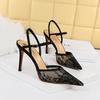 Fashion 2024 Summer Women Sexy Mesh Lace Slim Sandals Black White Hollow Ankle Buckle High Heels Party Shoes Dress Pointed Female 221-8