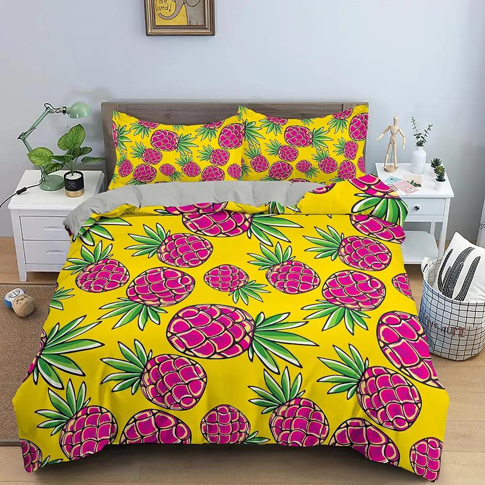 Pineapple Duvet Cover Set Queen Size Kids Colorful Pineapple Bedding Set Girls Teens Bedding Set Fruit Polyester Comforter Cover
