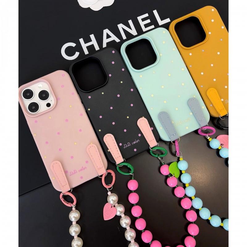 Cute Cartoon Polka Dot PU Texture Phone Case With Bead Strap IPhone 15 16 Pro Max Anti-Drop Full Cover