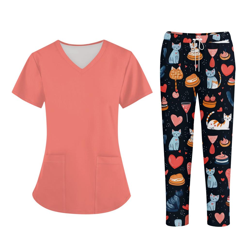 Плюс размерСкраб с принтом Рабочая форма Топы для женщин Крест V-образным вырезом Хэллоуин Принт с короткими рукавами Забавные футболки Спецодежда Футболка с карманами