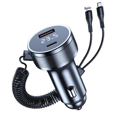 Автомобильное зарядное устройство с двумя портами и спиральным кабелем USB Type C, гнездо прикуривателя автомобиля, универсальный адаптер для быстрой зарядки телефона