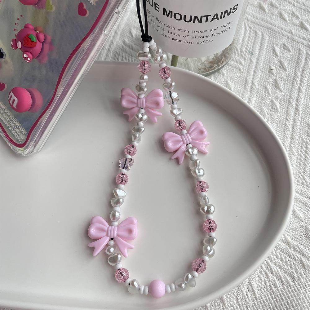 KKBEAD Pink Acrylic Bow Phone Charm Wrist Strap