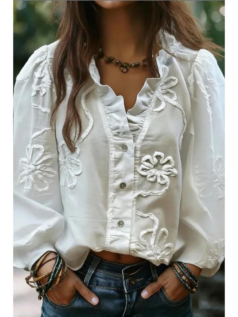 Европейско-американский повседневный женский топ для отдыха с V-образным вырезом, оборками, пышными рукавами и вышивкой