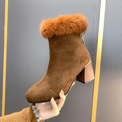 Женские ботинки 2024 года, новые зимние уличные теплые меховые ботинки, водонепроницаемые женские зимние ботинки, женские короткие ботинки с квадратным каблуком и круглым носком