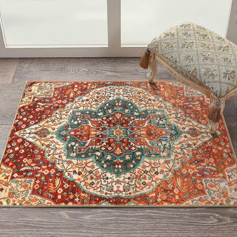 Liangnv Oriental Floral Medallion Doormat - 2'x3' Ft Persian Cream Floral Entry Rug Boho Collection Faux Wool Doormat Non-slip Washable Carpet For Ind