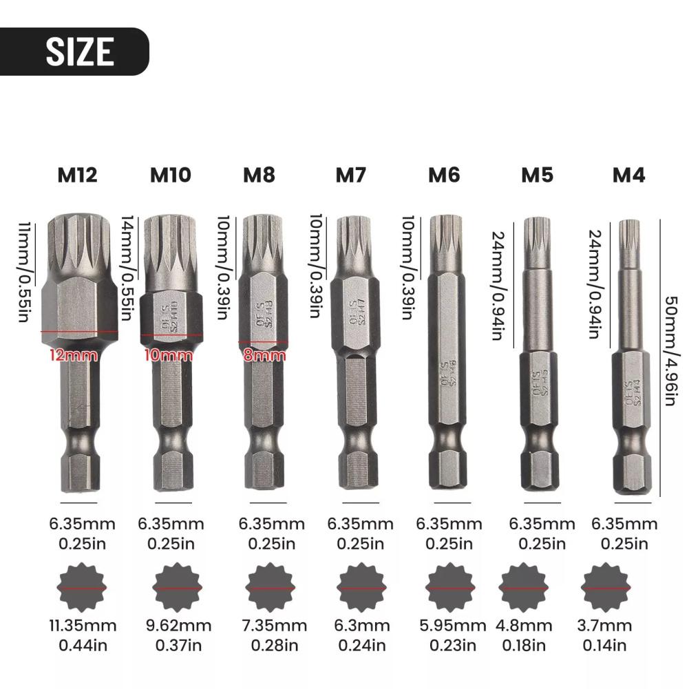 7Pcs Torx Bit Set 12 Point Torx Security Screwdriver Bit Set S2 Steel Impact Driver 50MM Electric Manual Screwdriver Drill Bit