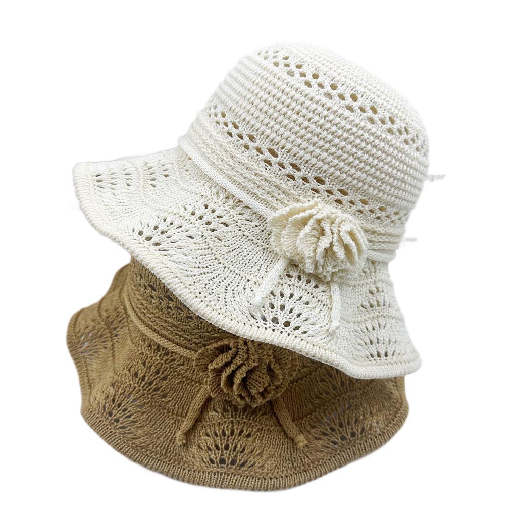Spring and summer new knitted hollow bucket hat women's three-dimensional flowers show a small face sunscreen visor breathable versatile basin hat