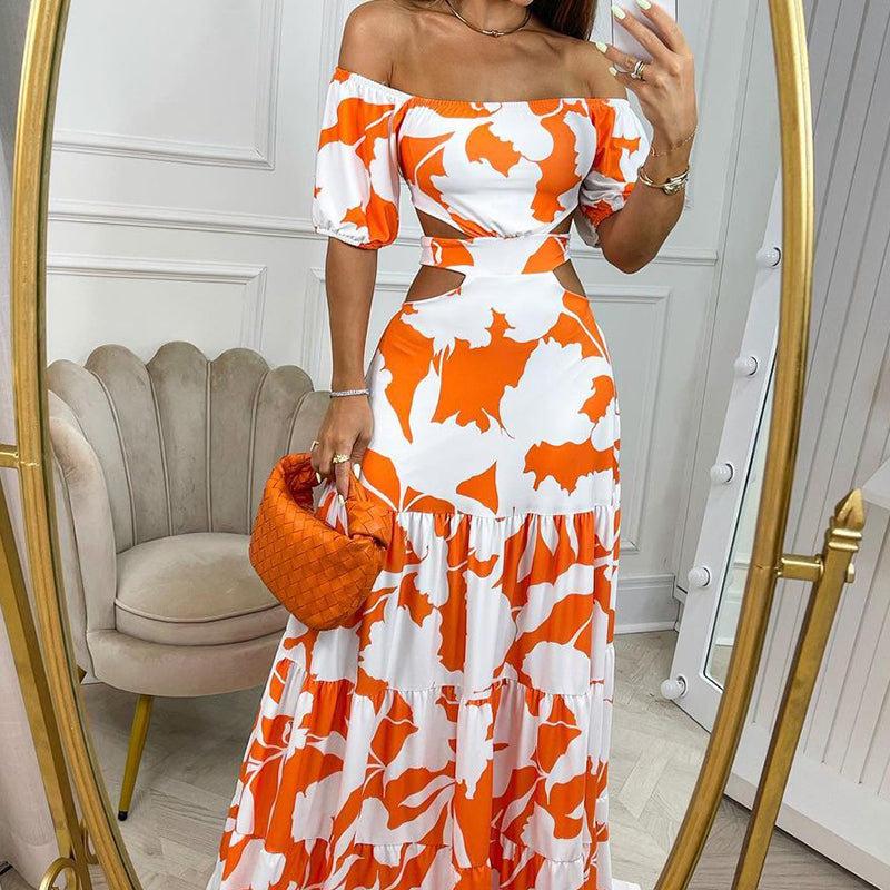 Women Off Shoulder Floral Print Short Sleeve Cut Out Maxi Dress Summer Bohemian Dress