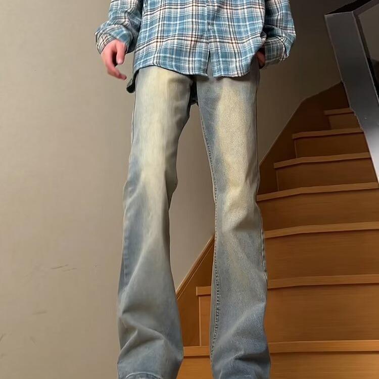 Мужские черные джинсы прямого кроя из американского тяжелого денима - Весенний тренд, Универсальный уличный стиль с микро-клешем.