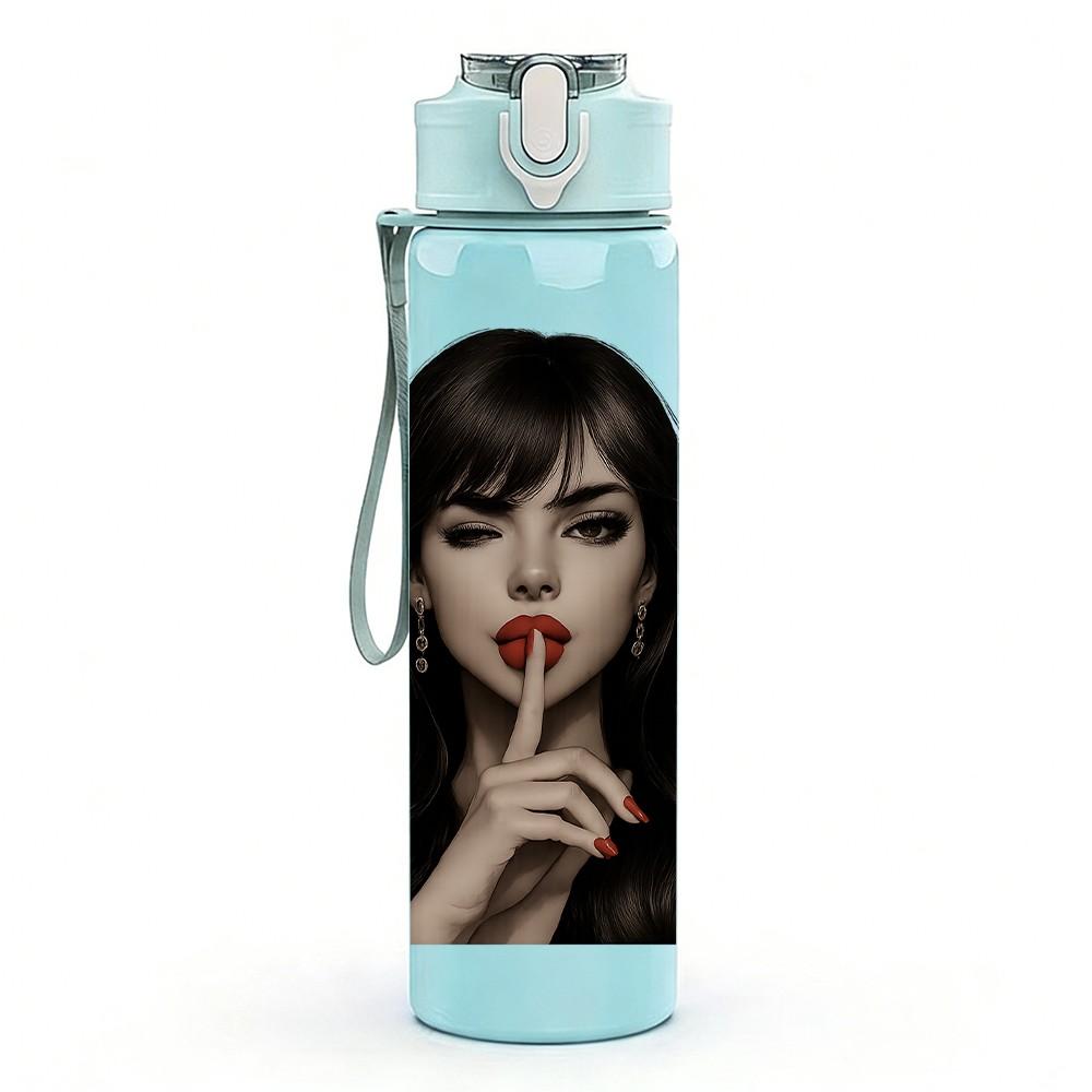 1PC Dark Haired Lady Quiet Portrait 750ml Color Plastic Sports Water Bottle Leakproof Flip Straw Lid For Sports Office Home Use
