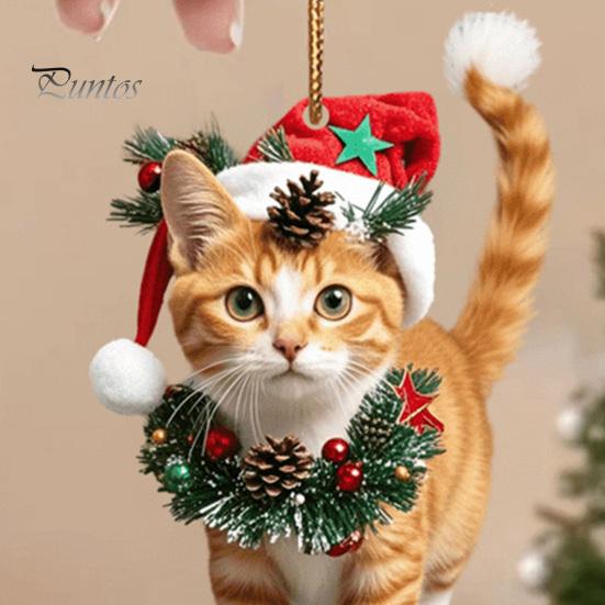 Рождественская подвеска в виде кошки, 2D акриловое подвесное украшение, шапка Санты, подвеска в виде кошки на зеркало заднего вида автомобиля, елочное украшение, подарок для любителей кошек