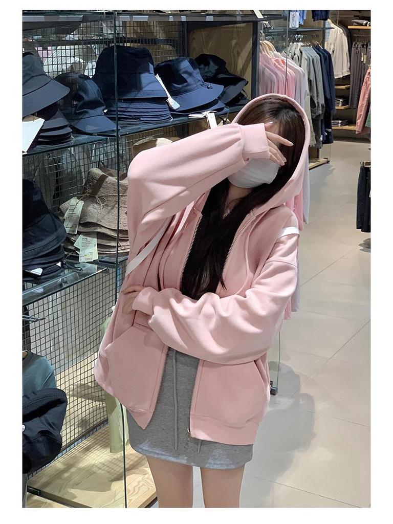 Новая коллекция 2025 года: розовая толстовка с капюшоном и кардиган в корейском стиле для женщин — легкий, свободный крой, идеально подходит для ранней осени/весны.