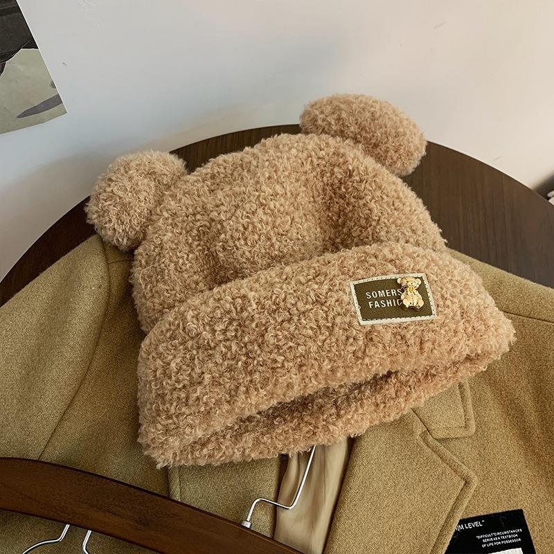 Cute Bear Wool Hat Women's Winter Thickened Plush Warm Plush Bald Hat Autumn and Winter Big Head Circumference Knitted Hat