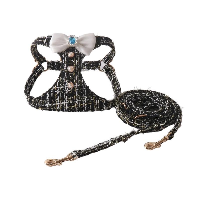 Bow-Shaped Adjustable Padded Pet Harness Set for Cats & Dogs with Pearl Decoration and Double Hook Leash