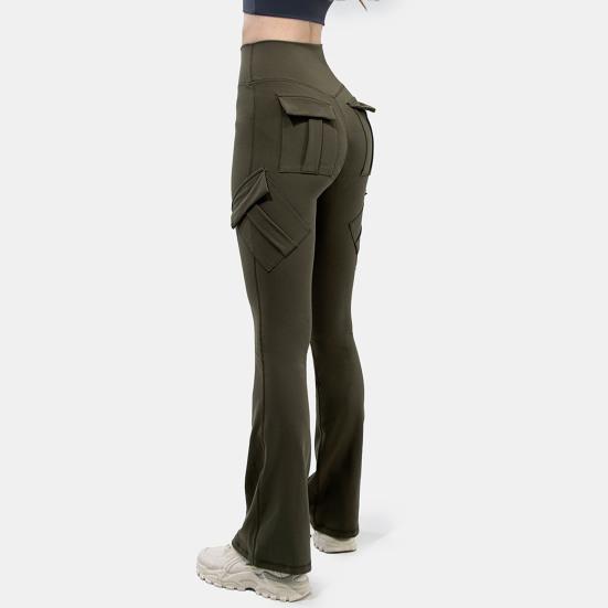 Women Flared Pants Elastic High Waist Wide Leg Casual Trousers with Flap Pockets Solid Color Cargo Pants Daily Wear