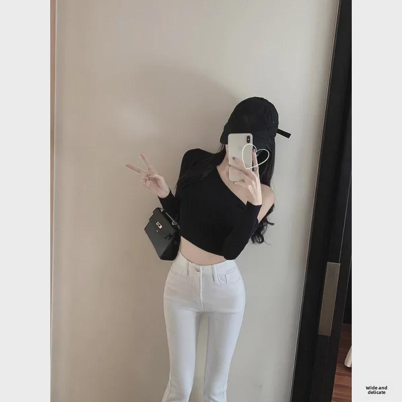 Женские белые расклешенные джинсы с высокой талией: Осенне-зимние широкие эластичные прямые брюки