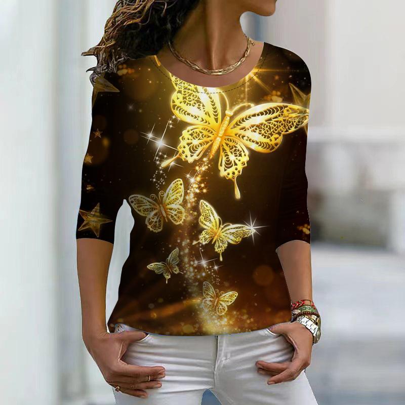 Женские осенние топы, свободные золотые полые бабочки с принтом, повседневная футболка с длинными рукавами, верхняя блузка