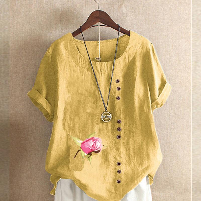 Women's Fashion Round Neck Short Sleeve T-shirt Casual Cotton Linen Graphic Shirt Leisure Loose Flower Prined Summer Blouse Tops Plus Size