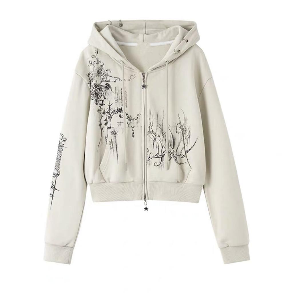 VAYLA Осенние укороченные худи в эстетике Y2k для женщин, повседневные, с принтом, на двойной молнии, в стиле харадзюку, панк, готические куртки в стиле фейри-гранж
