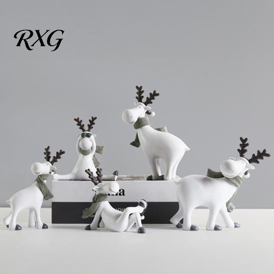 Whimsical Animal Figurines Nordic Minimalist Resin Reindeer Figurine with Knitted Scarf, Cute Healing Deer Statue, Matte White Boho Home Table