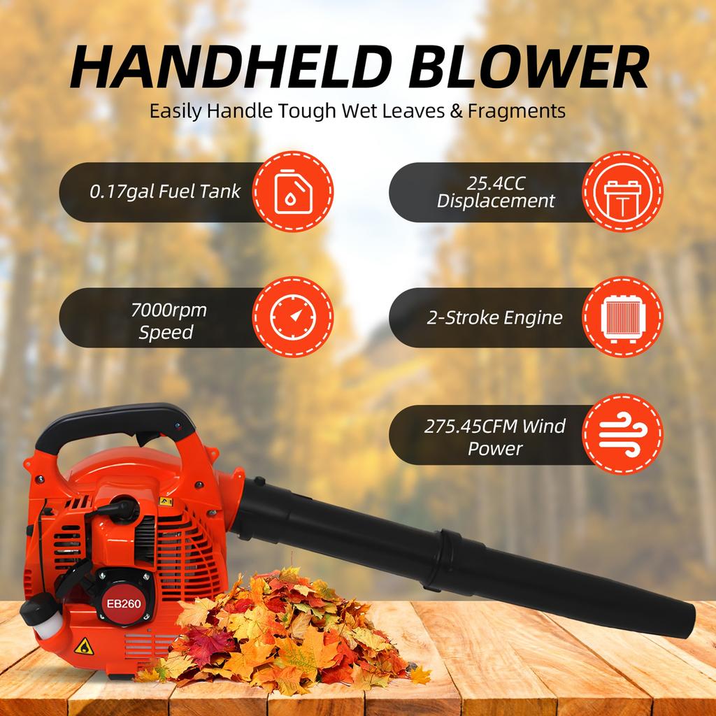 Gas Powered Leaf Blower 2 Stroke Engine 25.4CC 275.45CFM Air Volume 0.65L Oil Tank Handheld Blower Powerful Wind Snow