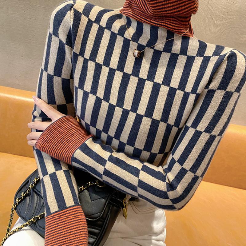 Водолазка с подобранными по цвету полосками, пуловер в стиле пэчворк, женский свитер на осень и зиму, трикотажный базовый свитер, женский внутренний топ