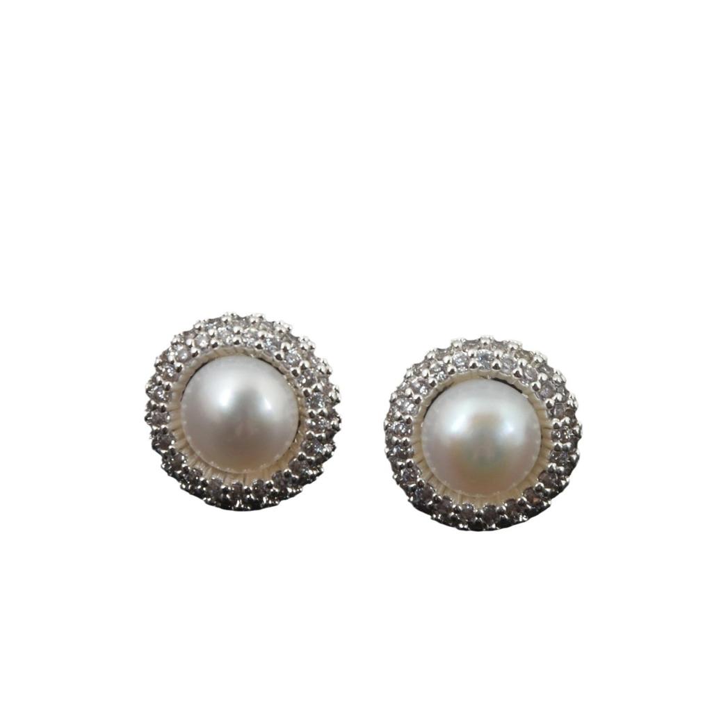 Pearl Stud Earrings & Necklace Set: 925 Sterling Silver with Natural Freshwater Pearls